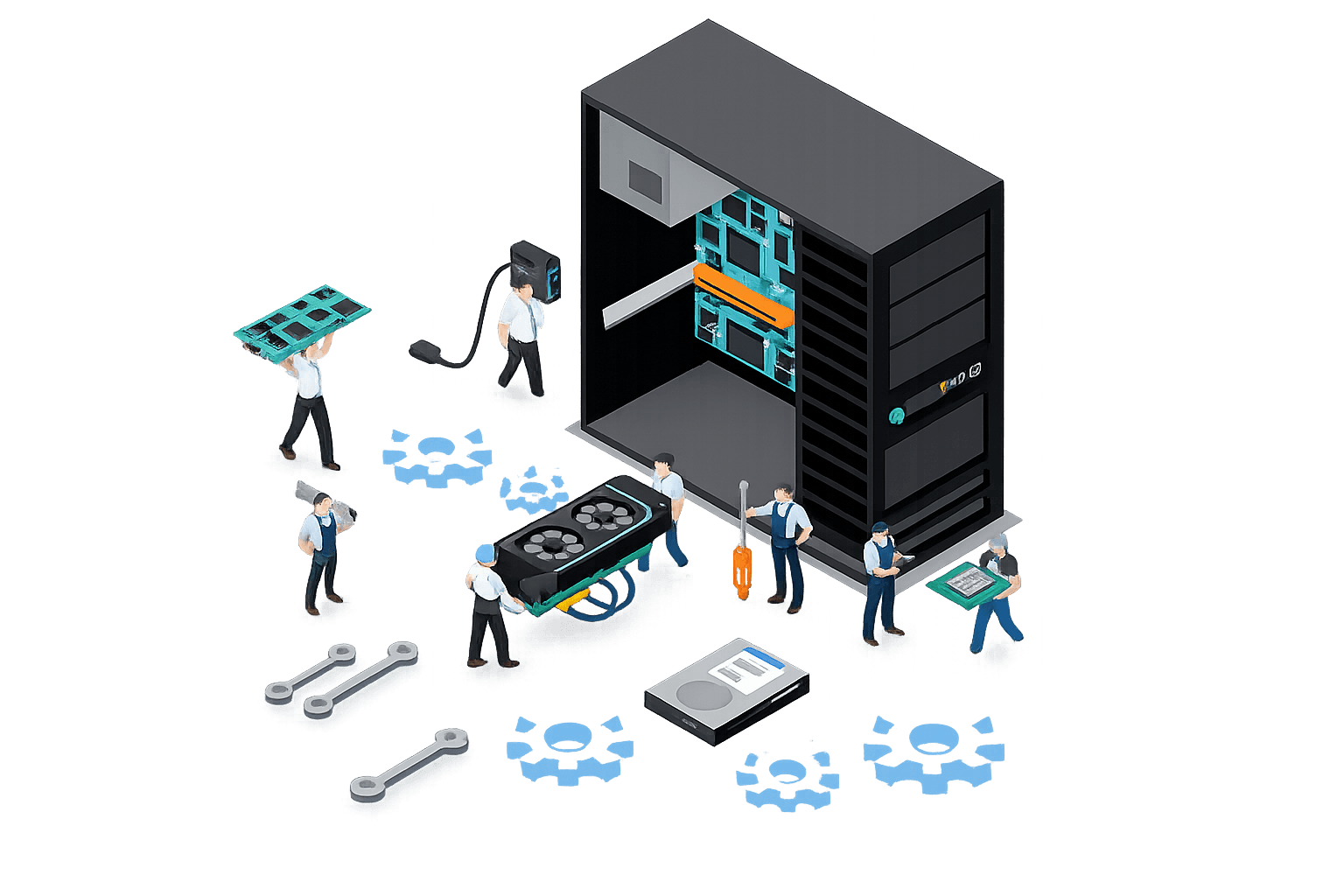 Rai Computer technicians servicing a desktop PC — motherboard, GPU and accessories
